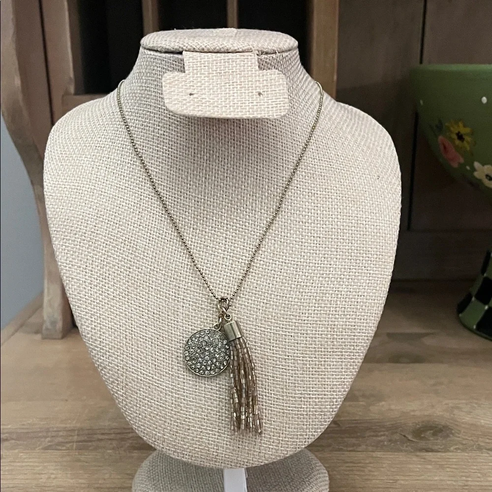 INC Long Charm Necklace Beaded Tassel & Sparkly Disc 32” Gold Tone